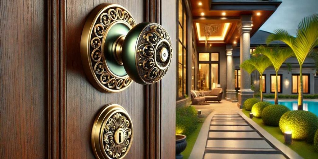 luxury door knob on a wooden door opening to a prestigious house