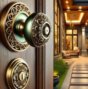 luxury door knob on a wooden door opening to a prestigious house